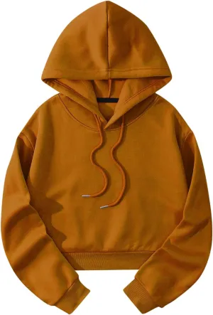 Womens Cropped Fashion Hoodies Long Sleeves Drawstring Sweatshirts 2024 Fall Fleece Solid Color Outfits Clothes