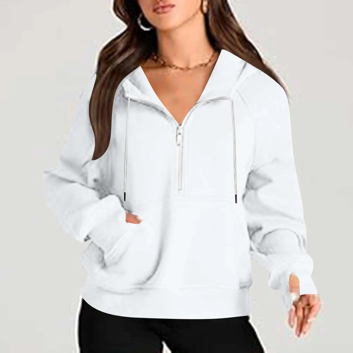 Womens Cropped Hoodies Half Zip Pullover Fall Fashion Quarter Zipper Fleece Sweatshirts 2024 Fall Outfits Thumb Hole