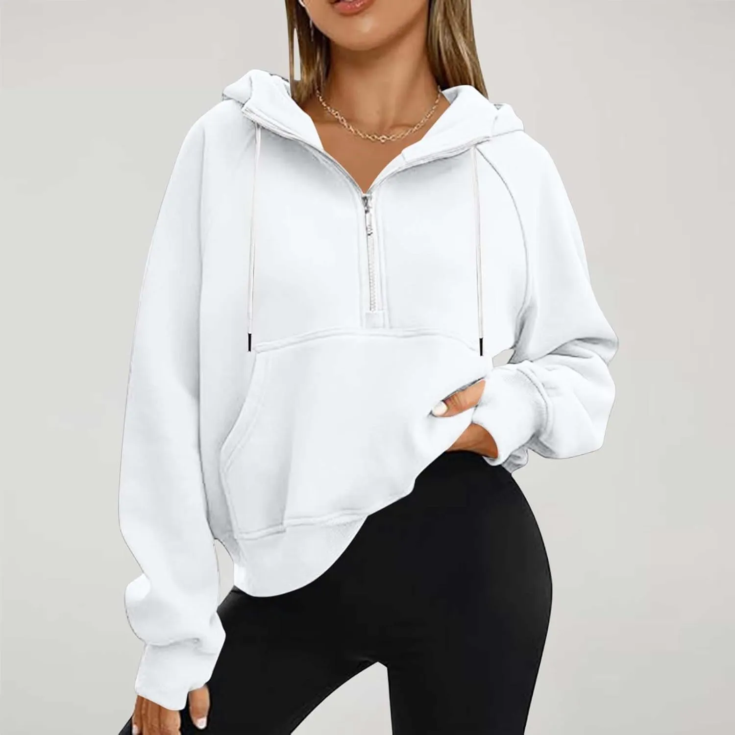 Womens Cropped Hoodies Half Zip Pullover Fall Fashion Quarter Zipper Fleece Sweatshirts 2024 Fall Outfits Thumb Hole