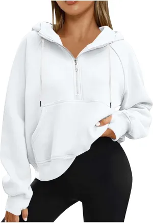 Womens Cropped Hoodies Half Zip Pullover Fall Fashion Quarter Zipper Fleece Sweatshirts 2024 Fall Outfits Thumb Hole