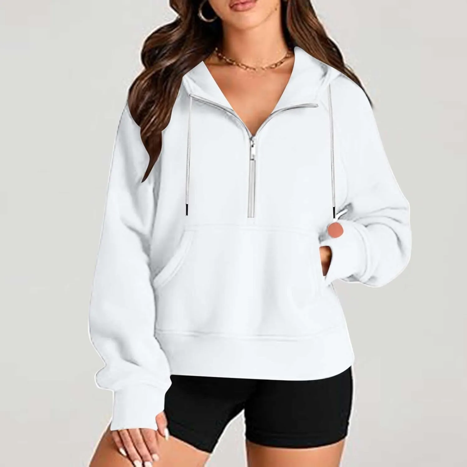 Womens Cropped Hoodies Half Zip Pullover Fall Fashion Quarter Zipper Fleece Sweatshirts 2024 Fall Outfits Thumb Hole