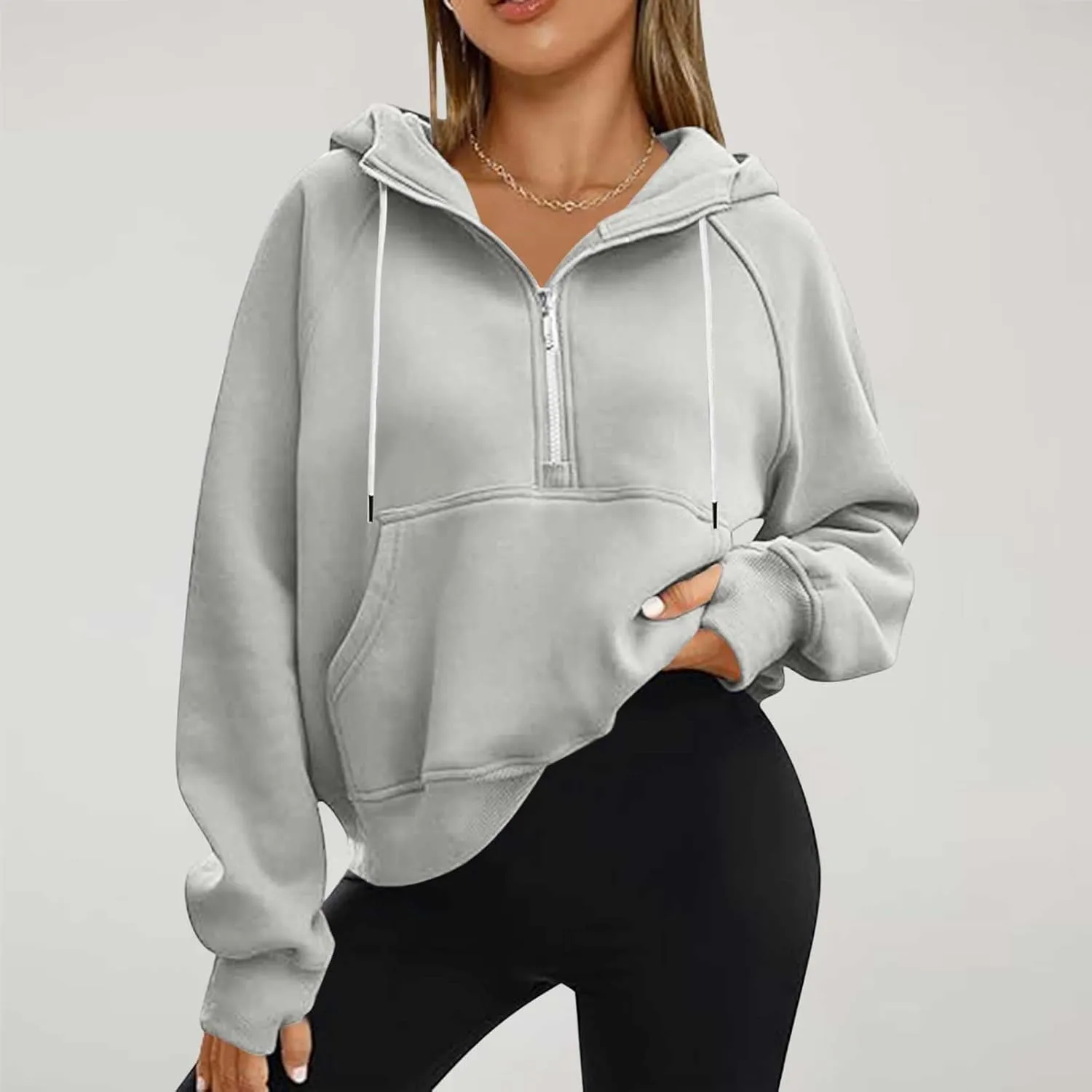 Womens Cropped Hoodies Half Zip Pullover Fall Fashion Quarter Zipper Fleece Sweatshirts 2024 Fall Outfits Thumb Hole