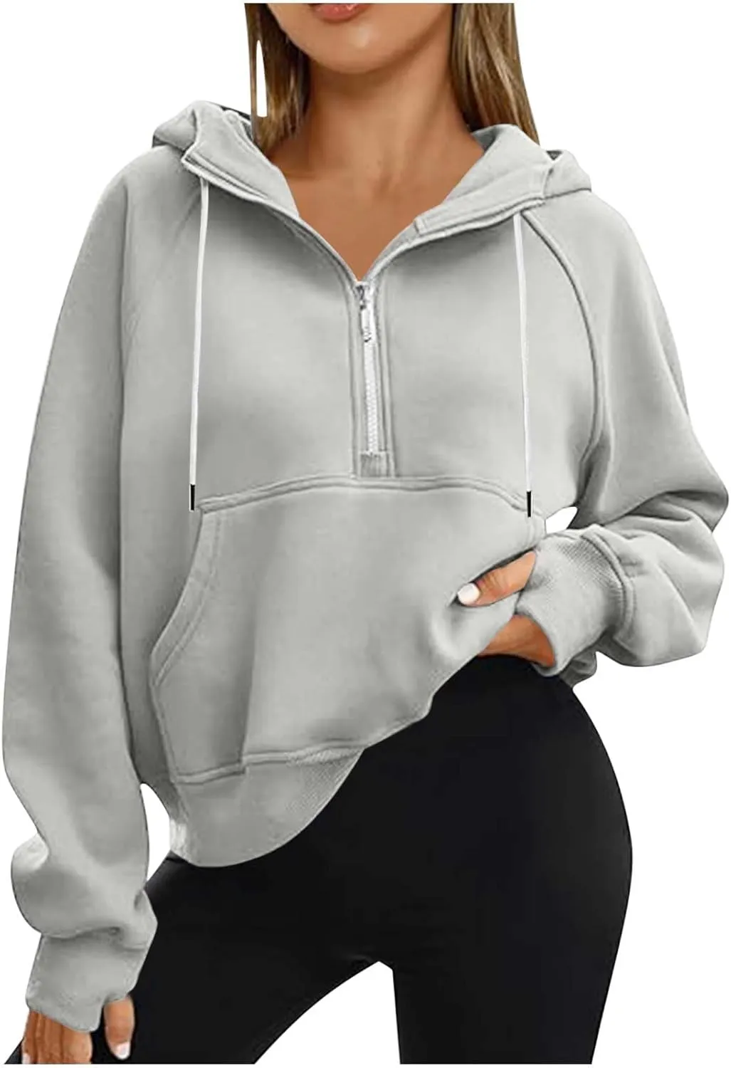 Womens Cropped Hoodies Half Zip Pullover Fall Fashion Quarter Zipper Fleece Sweatshirts 2024 Fall Outfits Thumb Hole