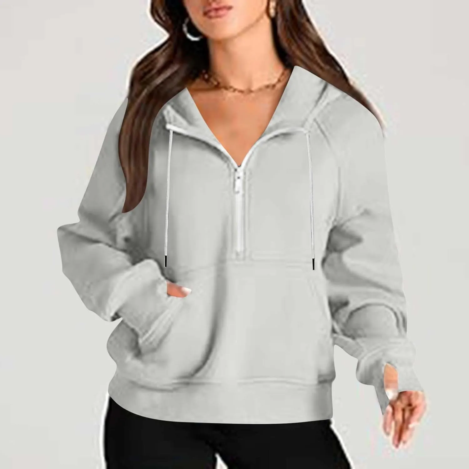 Womens Cropped Hoodies Half Zip Pullover Fall Fashion Quarter Zipper Fleece Sweatshirts 2024 Fall Outfits Thumb Hole