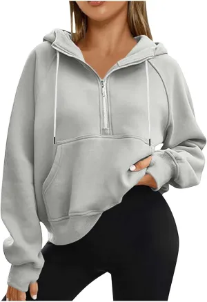 Womens Cropped Hoodies Half Zip Pullover Fall Fashion Quarter Zipper Fleece Sweatshirts 2024 Fall Outfits Thumb Hole