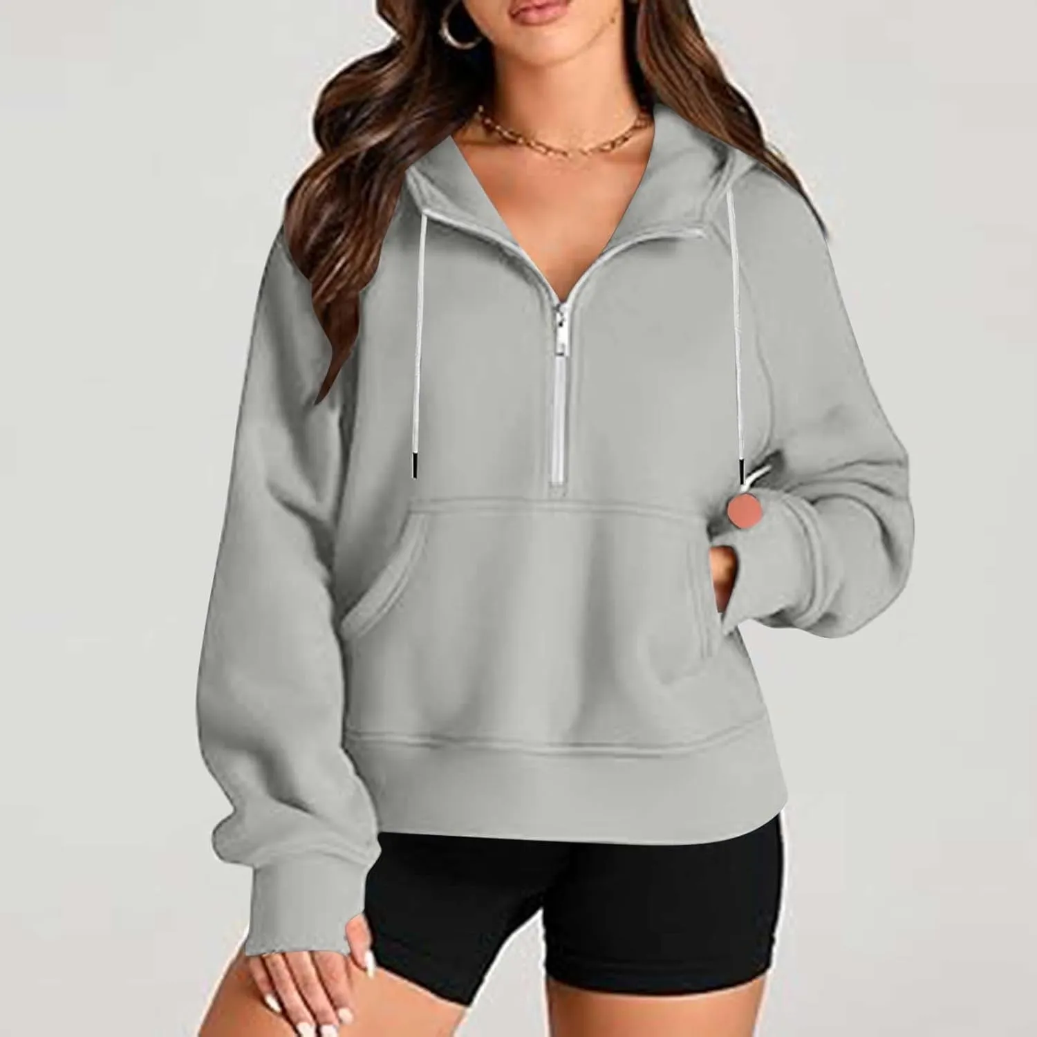 Womens Cropped Hoodies Half Zip Pullover Fall Fashion Quarter Zipper Fleece Sweatshirts 2024 Fall Outfits Thumb Hole