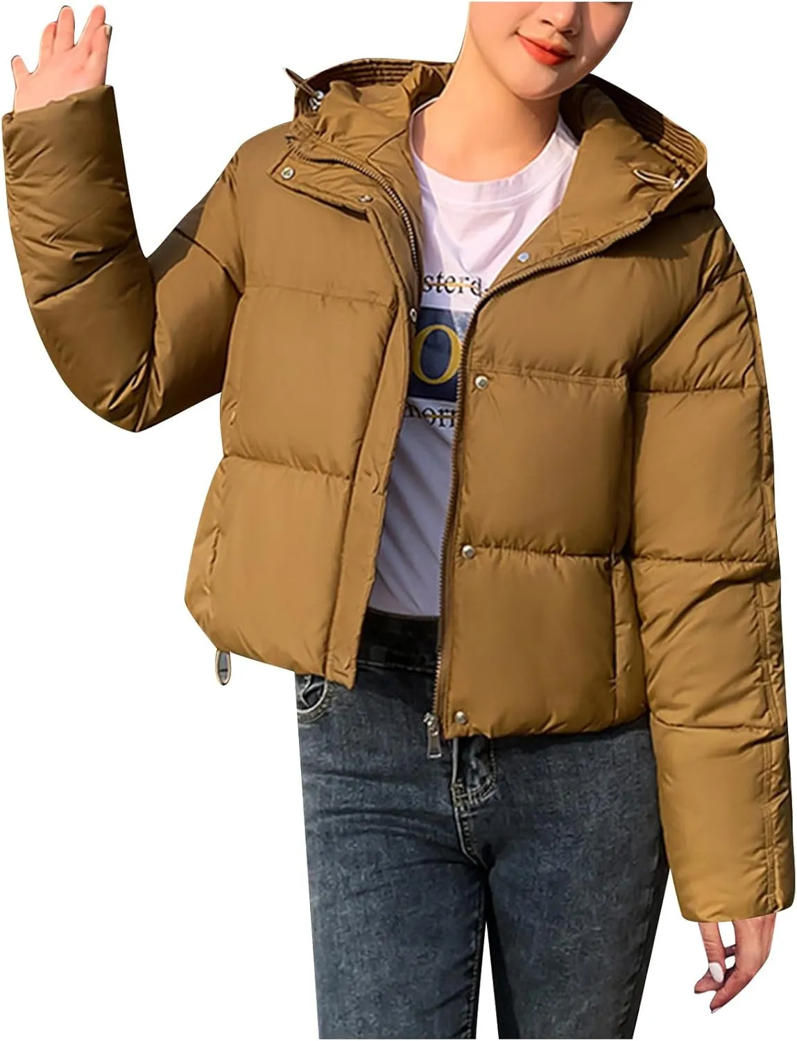 Women's Cropped Puffer Jackets Hooded Winter Coats Thicken Puffy Short Down Coats Quilted Lightweight Jackets Outerwear