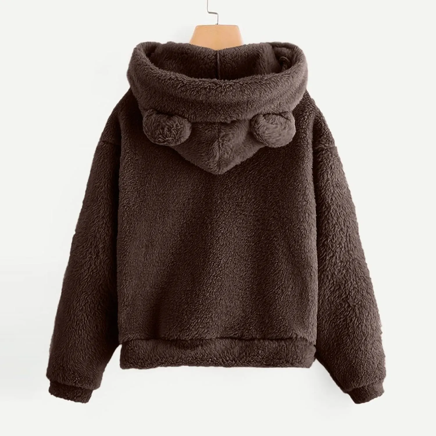 Womens Cute Hoodie Bear Ears Pullover Long Sleeve Fleece Fall Jacket Cropped Sweatshirts Fluffy Coat For Teen Girls