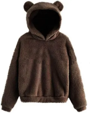 Womens Cute Hoodie Bear Ears Pullover Long Sleeve Fleece Fall Jacket Cropped Sweatshirts Fluffy Coat For Teen Girls