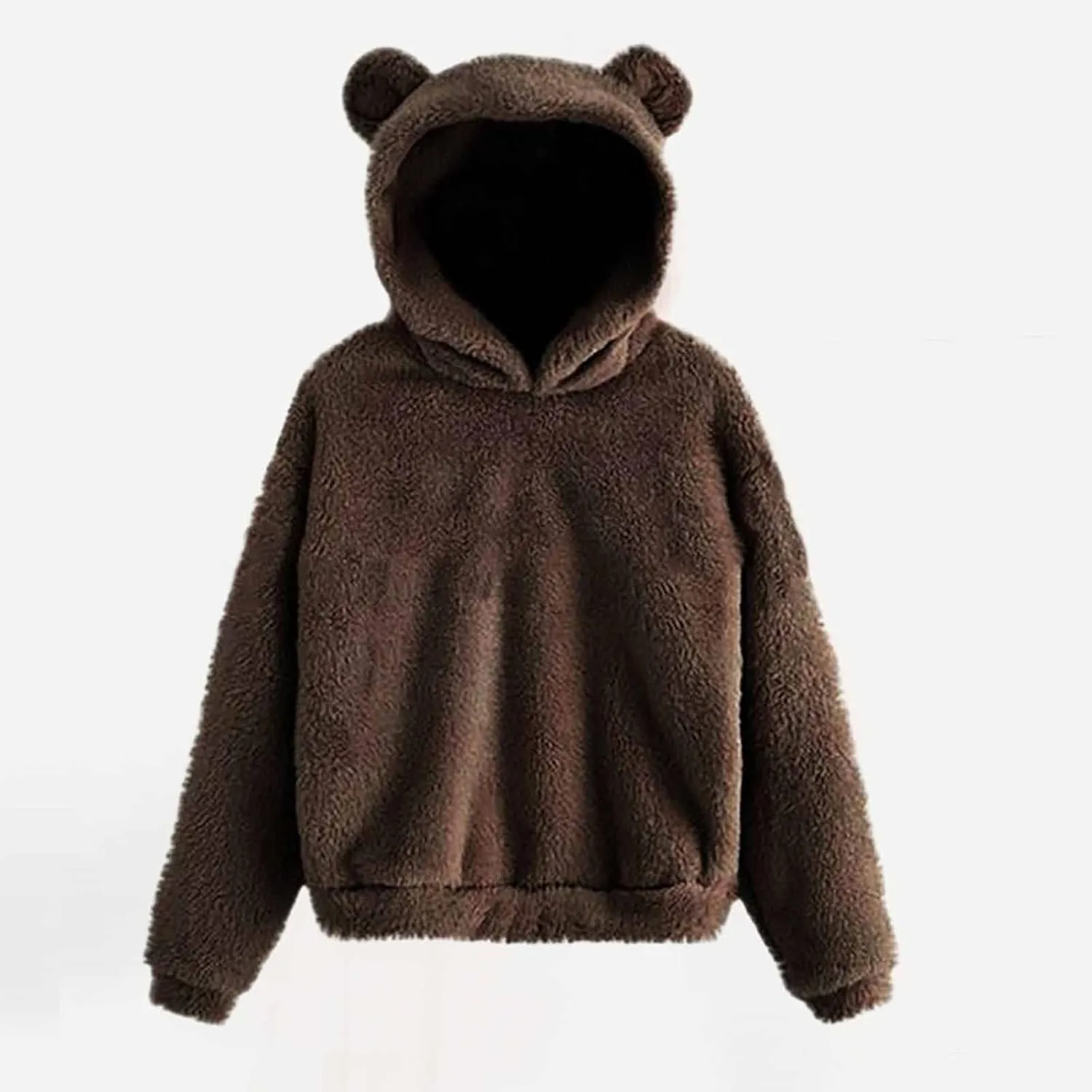 Womens Cute Hoodie Bear Ears Pullover Long Sleeve Fleece Fall Jacket Cropped Sweatshirts Fluffy Coat For Teen Girls