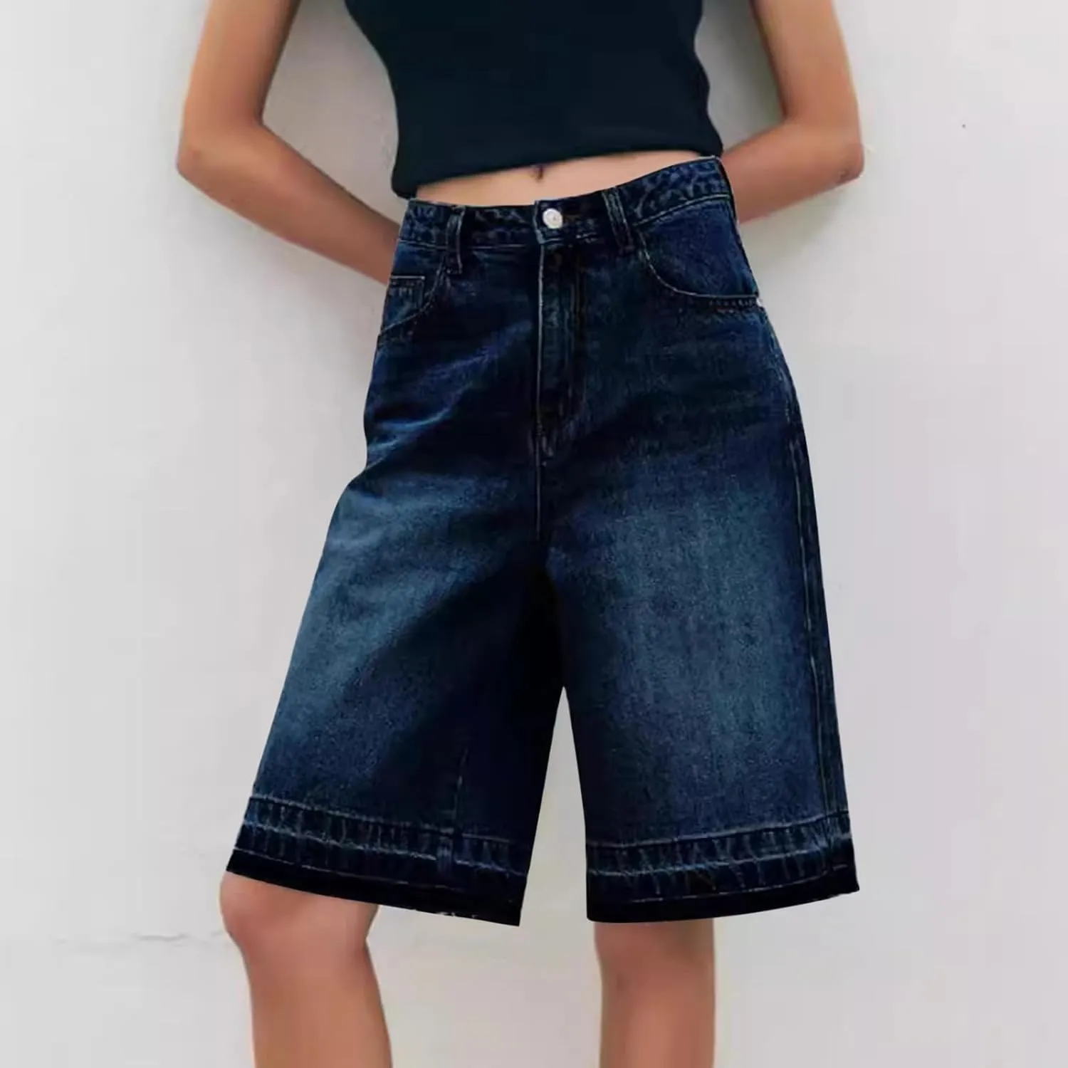 Womens Denim Shorts 9 Inch Inseam - Bermuda Mid-Rise Butt Lift Summer Long Denim 5 Inch Inseam with Pockets
