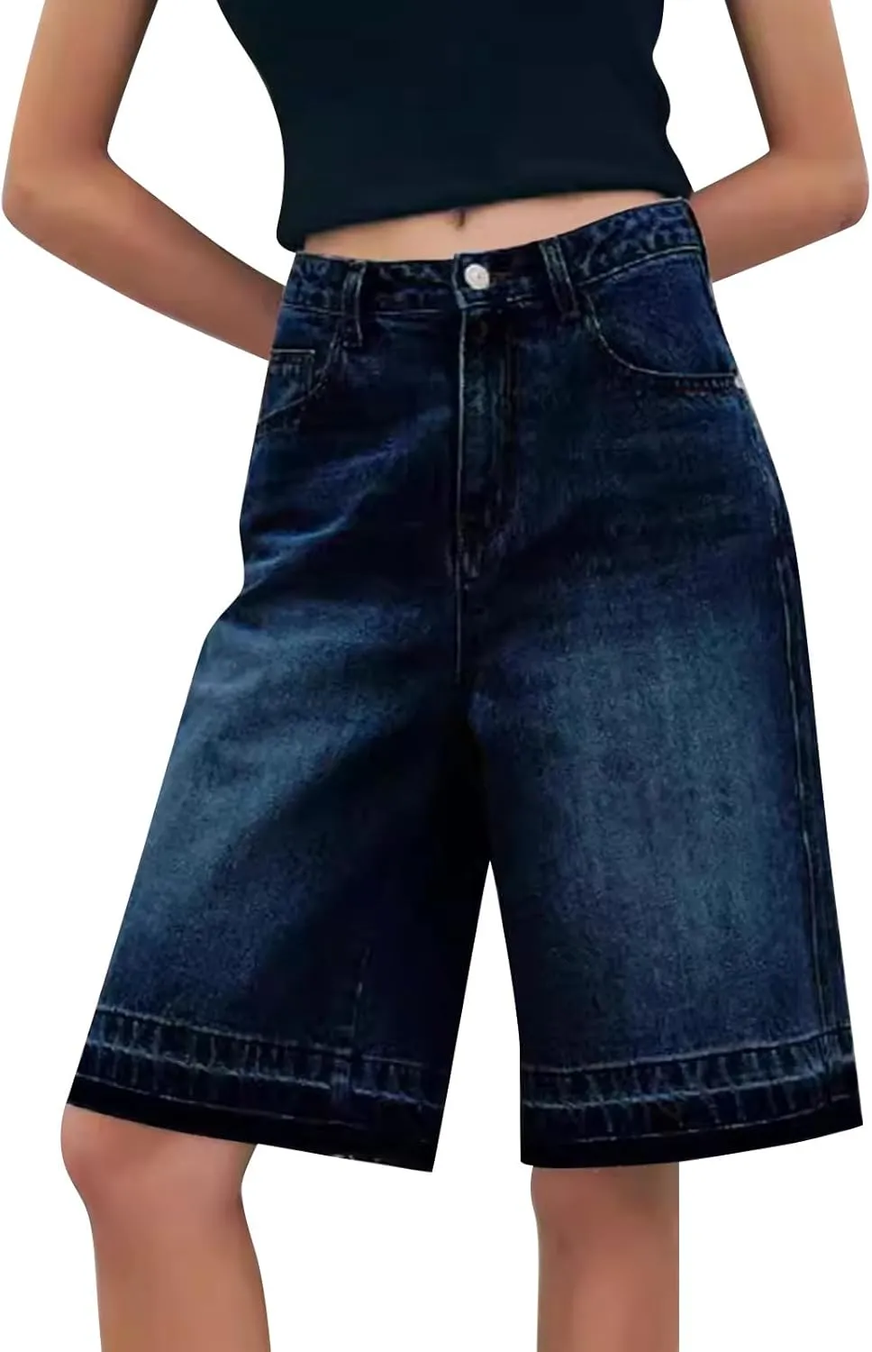 Womens Denim Shorts 9 Inch Inseam - Bermuda Mid-Rise Butt Lift Summer Long Denim 5 Inch Inseam with Pockets