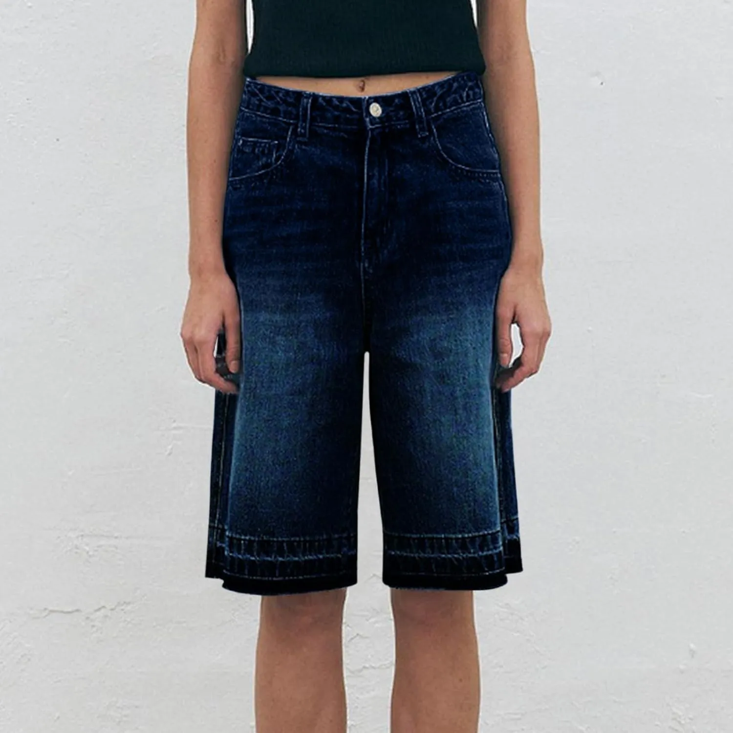 Womens Denim Shorts 9 Inch Inseam - Bermuda Mid-Rise Butt Lift Summer Long Denim 5 Inch Inseam with Pockets