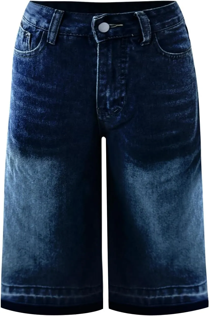 Womens Denim Shorts 9 Inch Inseam - Bermuda Mid-Rise Butt Lift Summer Long Denim 5 Inch Inseam with Pockets