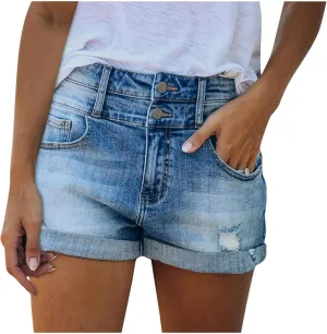 Womens Denim Shorts High Waisted Stretchy Fashionable Ripped Hole Vintage Shorts Jeans Pure Color Rolled Hem Slim Shorts Summer Shorts for Teen Girls