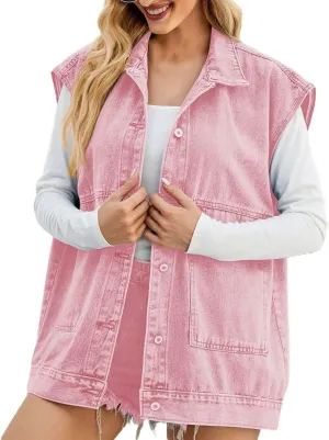 Women's Denim Vest Jacket Classic Oversized Boyfriend Sleeveless Button Down Jean Waistcoat Outerwear