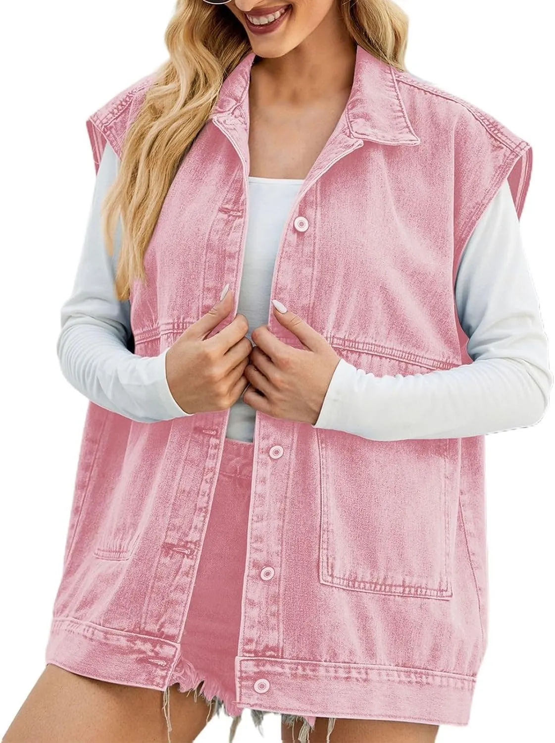 Women's Denim Vest Jacket Classic Oversized Boyfriend Sleeveless Button Down Jean Waistcoat Outerwear