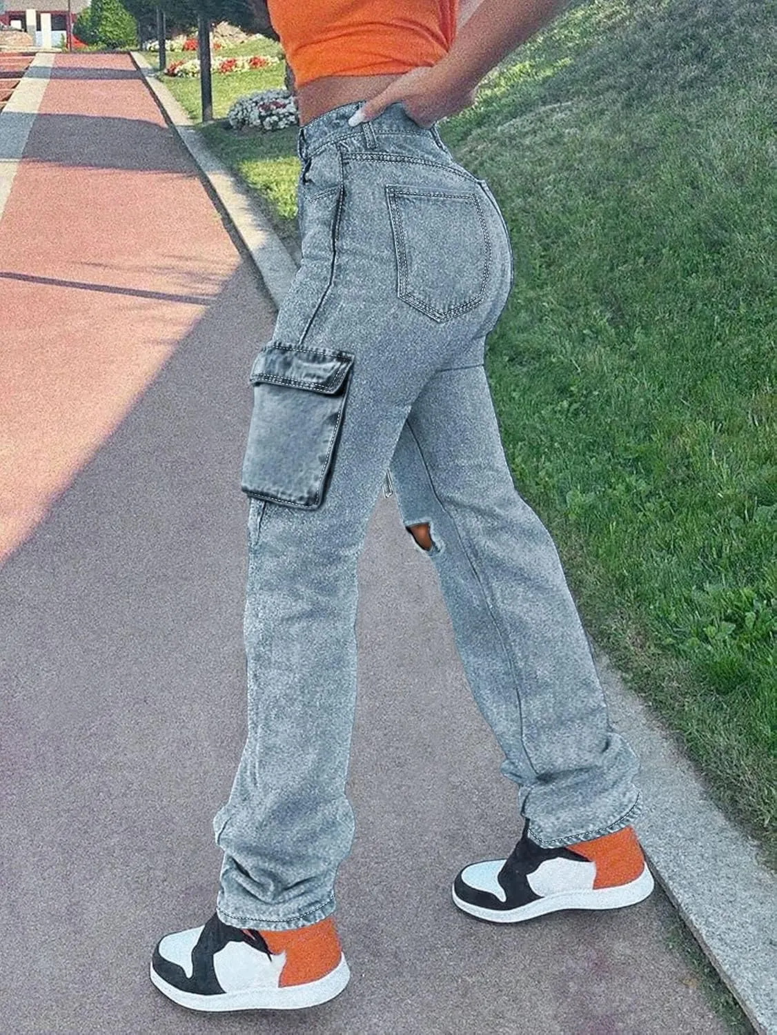 Women's Distressed Ripped Cargo Jeans High Waisted Straight Leg Denim Pants