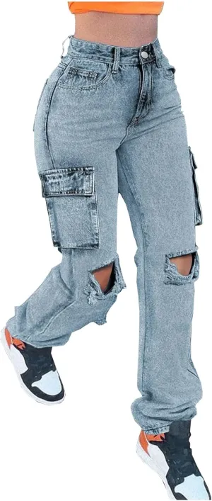 Women's Distressed Ripped Cargo Jeans High Waisted Straight Leg Denim Pants
