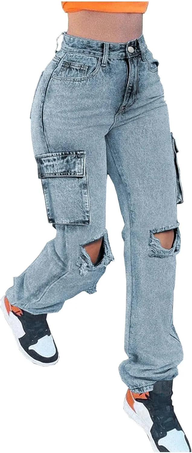 Women's Distressed Ripped Cargo Jeans High Waisted Straight Leg Denim Pants