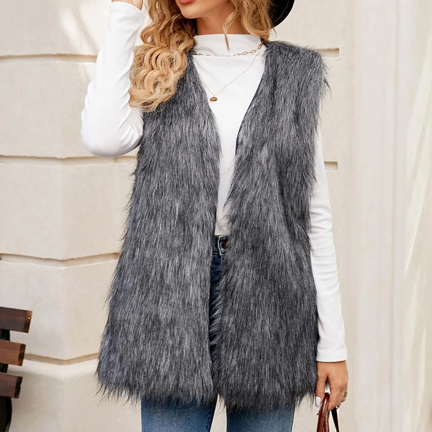 Womens Faux Fur Vest Winter Warm Short Coat Fluffy Shaggy Sleeveless Jacket Fashion Casual Fuzzy Outerwear