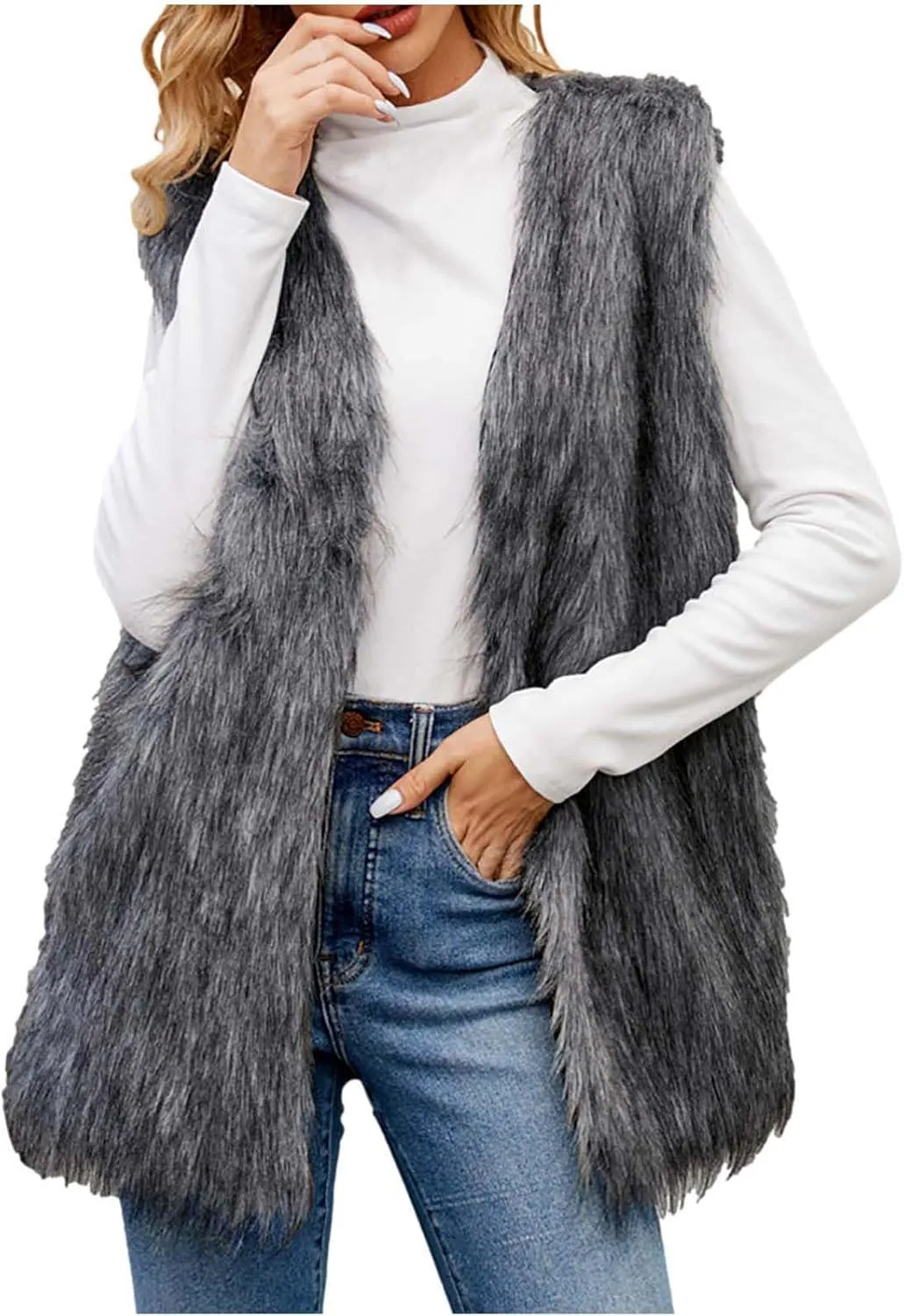 Womens Faux Fur Vest Winter Warm Short Coat Fluffy Shaggy Sleeveless Jacket Fashion Casual Fuzzy Outerwear