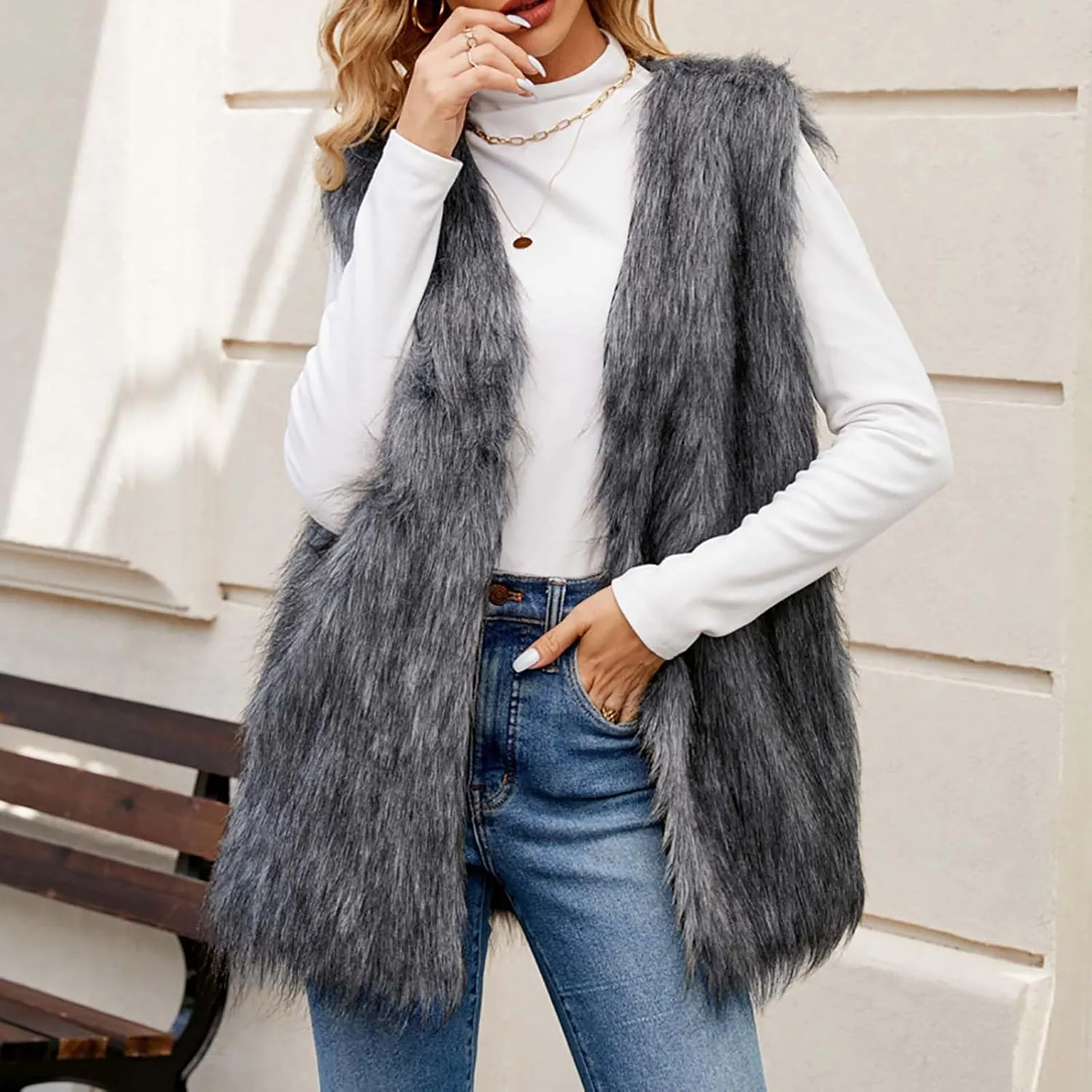 Womens Faux Fur Vest Winter Warm Short Coat Fluffy Shaggy Sleeveless Jacket Fashion Casual Fuzzy Outerwear