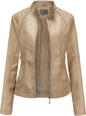 Women's Faux Leather Motorcycle Short Pu Racer Jacket Moto Biker Cropped Coat Front Zip Pockets Fitted Slim Outwear