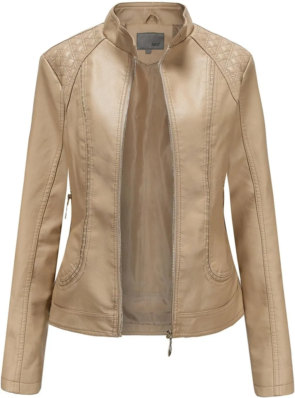 Women's Faux Leather Motorcycle Short Pu Racer Jacket Moto Biker Cropped Coat Front Zip Pockets Fitted Slim Outwear