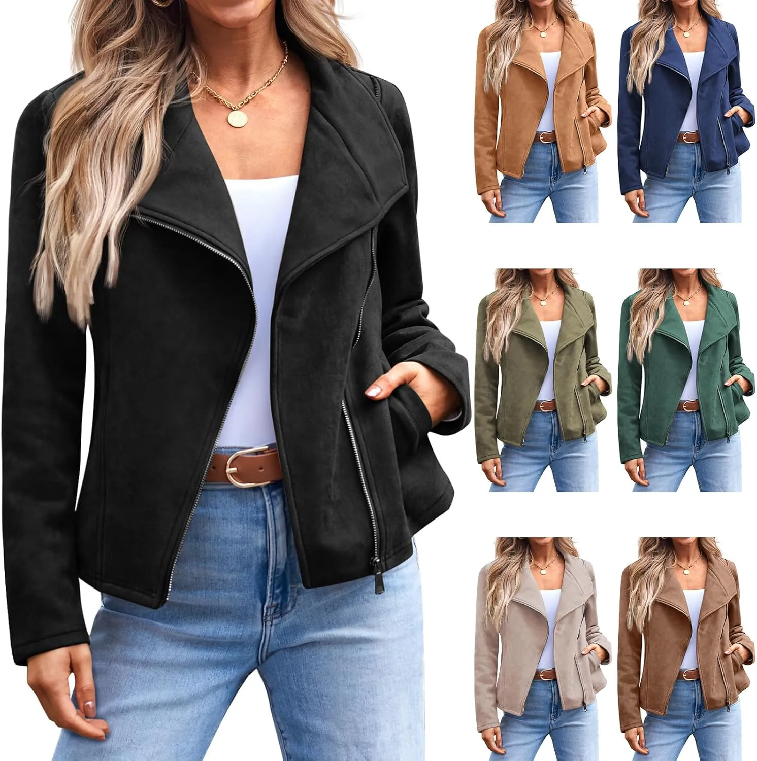Womens Faux Suede Jacket Zip Up Bomber Jackets Casual Long Sleeve Cropped Coats Biker Moto Jacket with Pockets