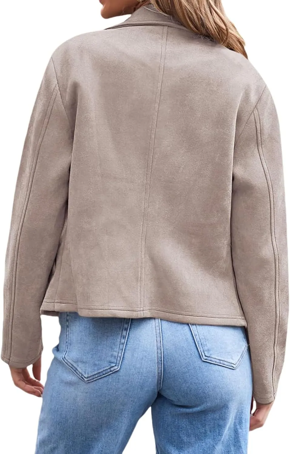 Womens Faux Suede Jacket Zip Up Bomber Jackets Casual Long Sleeve Cropped Coats Biker Moto Jacket with Pockets