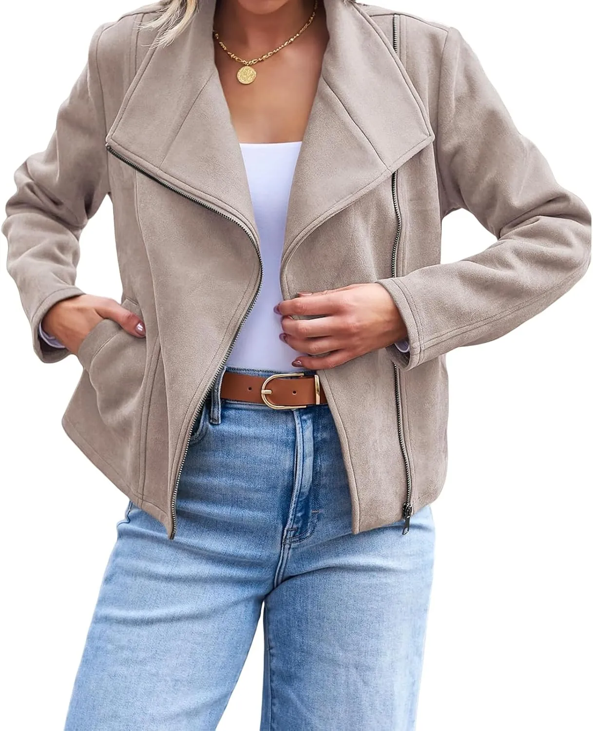 Womens Faux Suede Jacket Zip Up Bomber Jackets Casual Long Sleeve Cropped Coats Biker Moto Jacket with Pockets