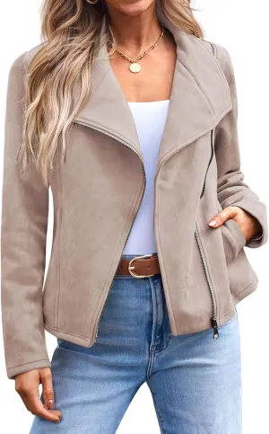 Womens Faux Suede Jacket Zip Up Bomber Jackets Casual Long Sleeve Cropped Coats Biker Moto Jacket with Pockets