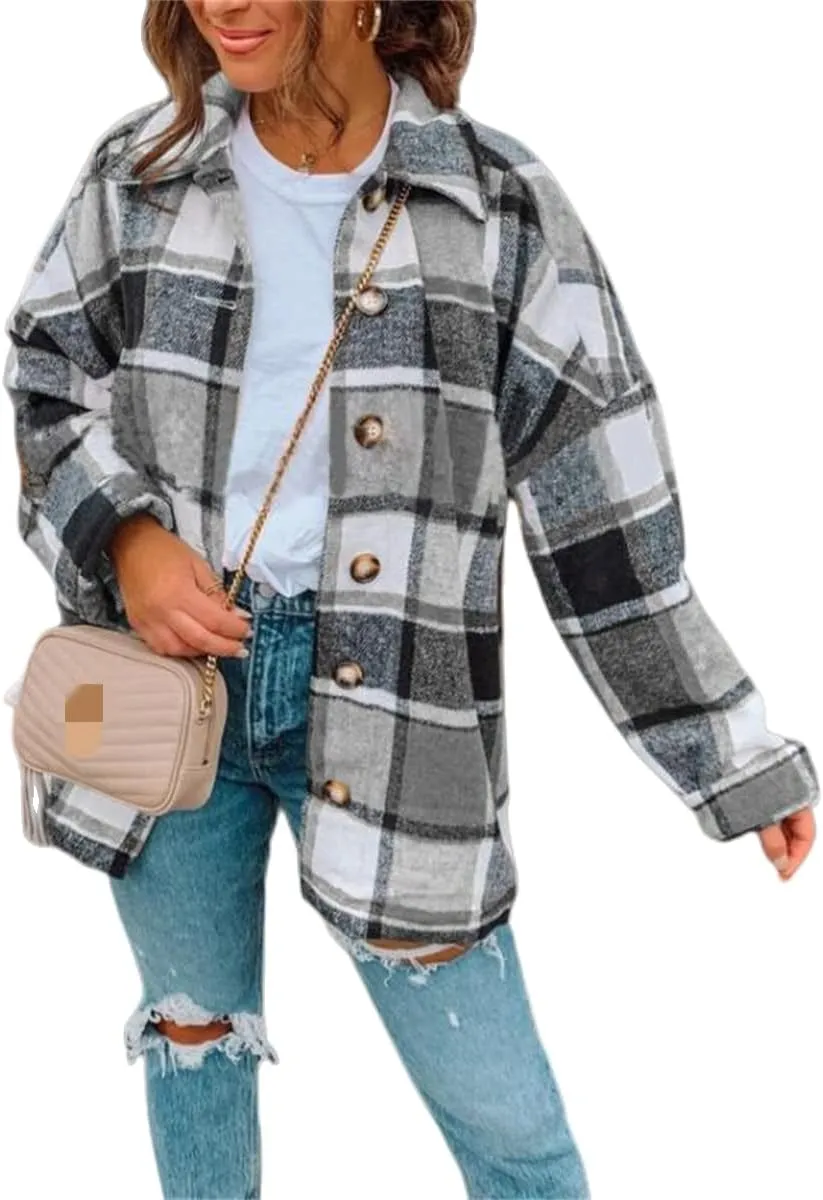 Womens Flannel Plaid Shacket Jacket Casual Long Sleeve Button Down Chest Pocketed Shirts Fall Clothes Outfits 2023