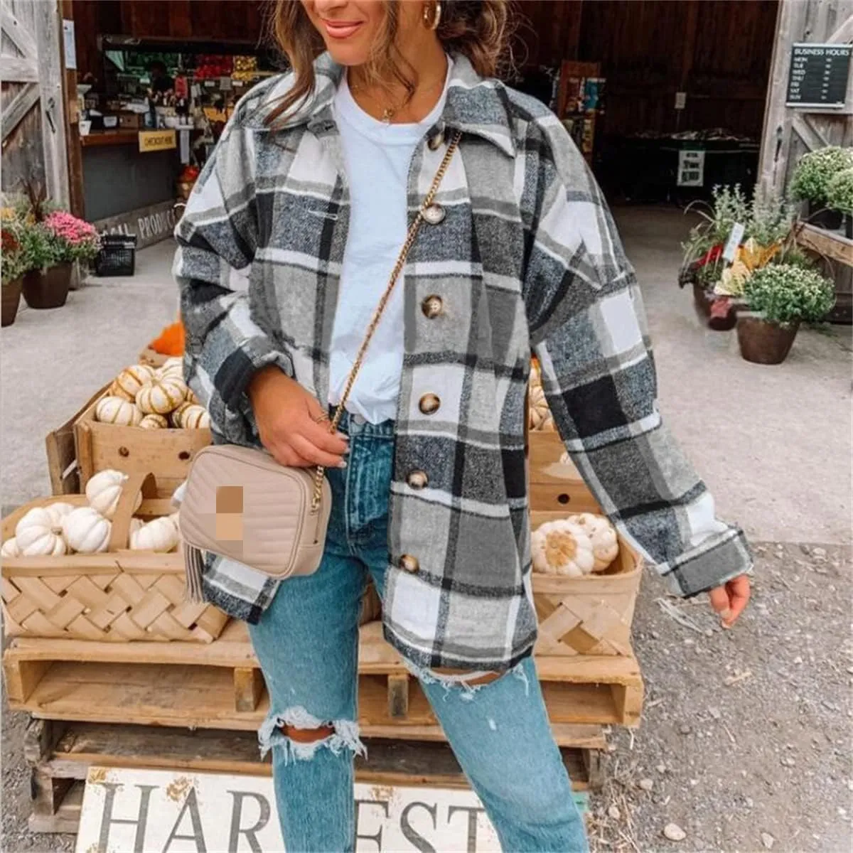 Womens Flannel Plaid Shacket Jacket Casual Long Sleeve Button Down Chest Pocketed Shirts Fall Clothes Outfits 2023