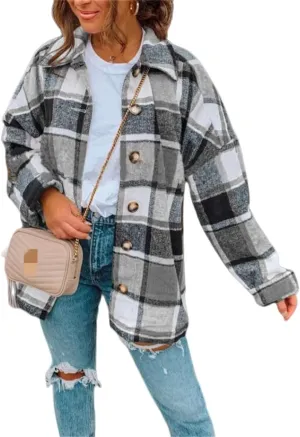 Womens Flannel Plaid Shacket Jacket Casual Long Sleeve Button Down Chest Pocketed Shirts Fall Clothes Outfits 2023