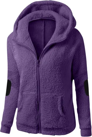 Womens Fleece Hoodie Jacket Fall Winter Wool Zip Warm Parka Jacket Coats Ladies Fluffy Slim Fit Hooded Outwear Coats