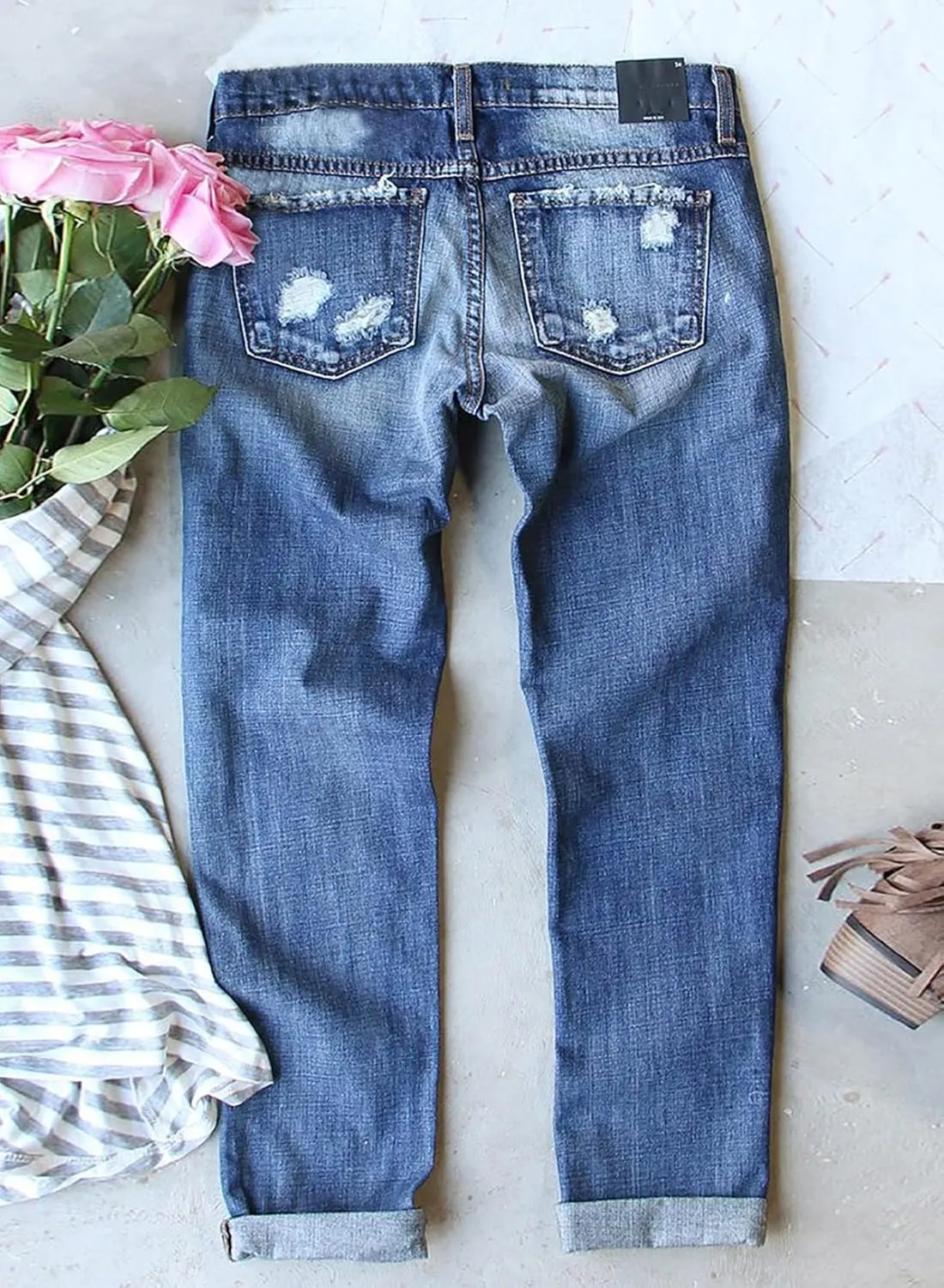 Womens Floral Patch Ripped Boyfriend Distressed Stretch Skinny Denim Jeans with Hole