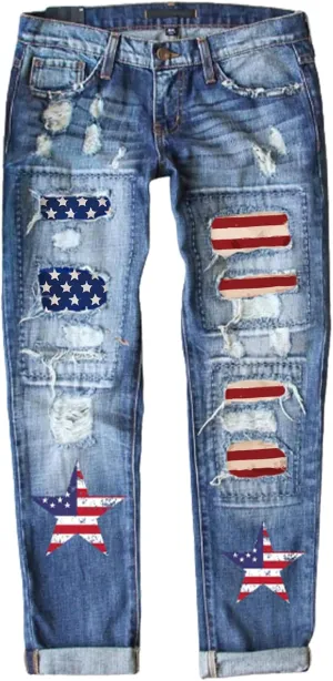 Womens Floral Patch Ripped Boyfriend Distressed Stretch Skinny Denim Jeans with Hole