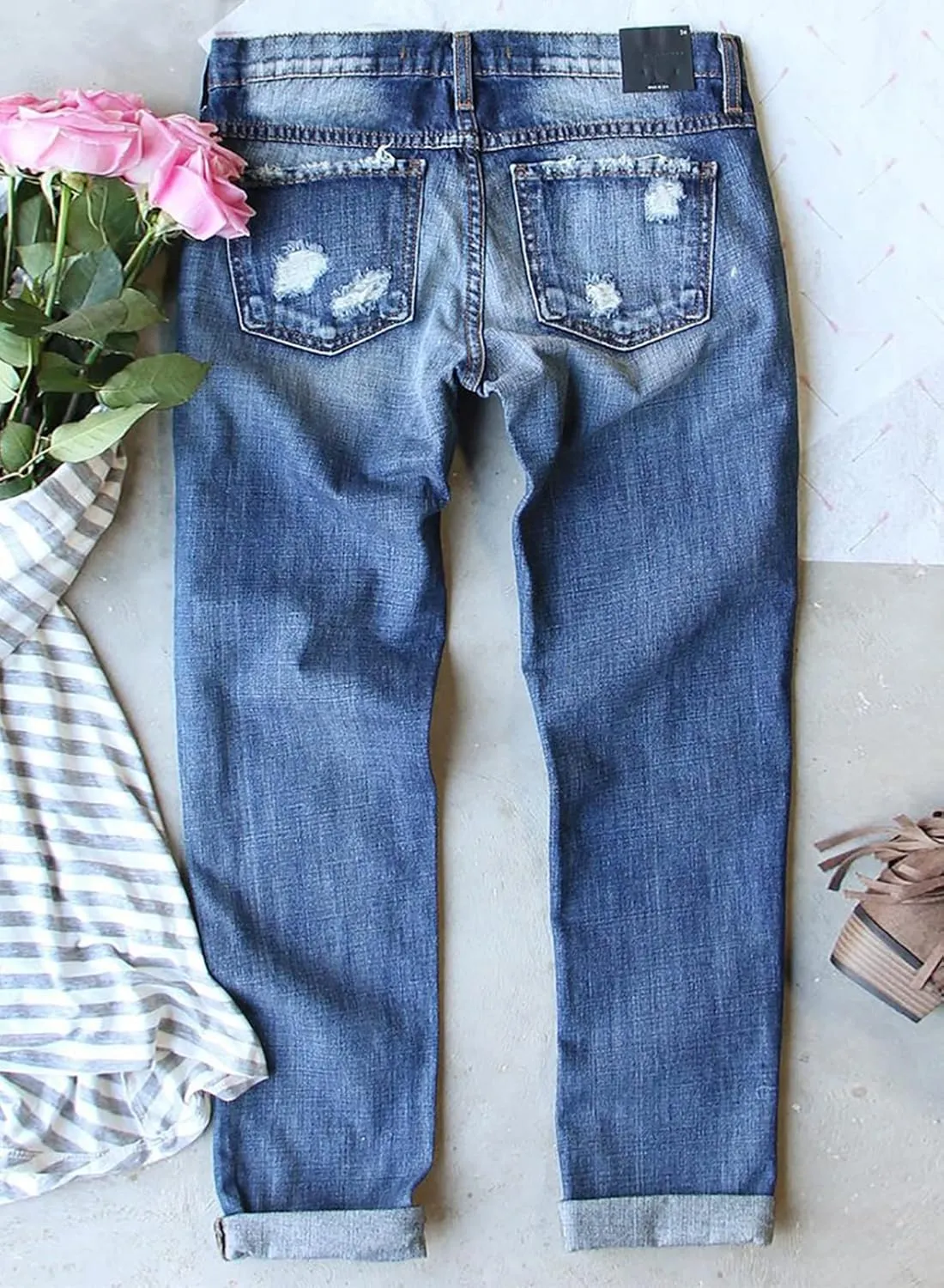 Womens Floral Patch Ripped Boyfriend Distressed Stretch Skinny Denim Jeans with Hole
