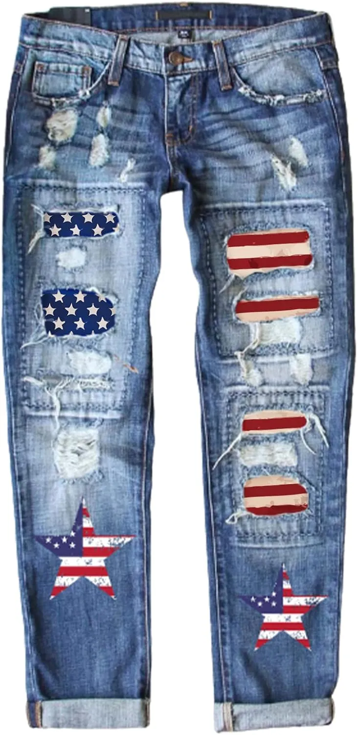 Womens Floral Patch Ripped Boyfriend Distressed Stretch Skinny Denim Jeans with Hole