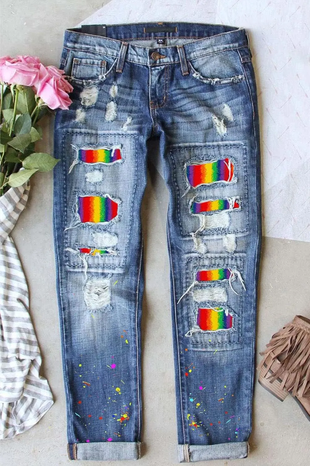 Womens Floral Patch Ripped Boyfriend Distressed Stretch Skinny Denim Jeans with Hole