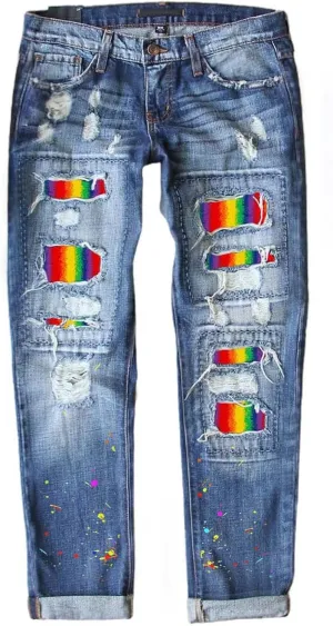 Womens Floral Patch Ripped Boyfriend Distressed Stretch Skinny Denim Jeans with Hole