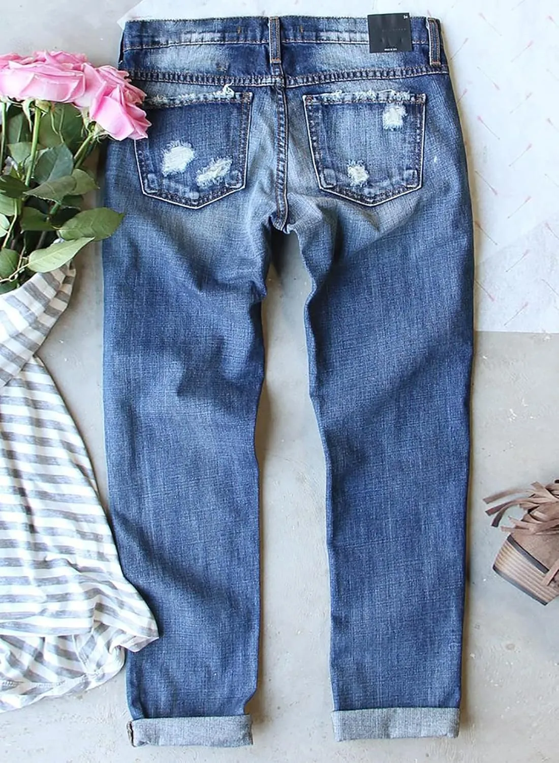 Womens Floral Patch Ripped Boyfriend Distressed Stretch Skinny Denim Jeans with Hole