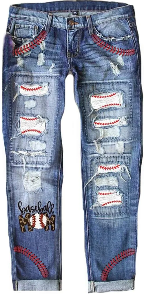 Womens Floral Patch Ripped Boyfriend Distressed Stretch Skinny Denim Jeans with Hole