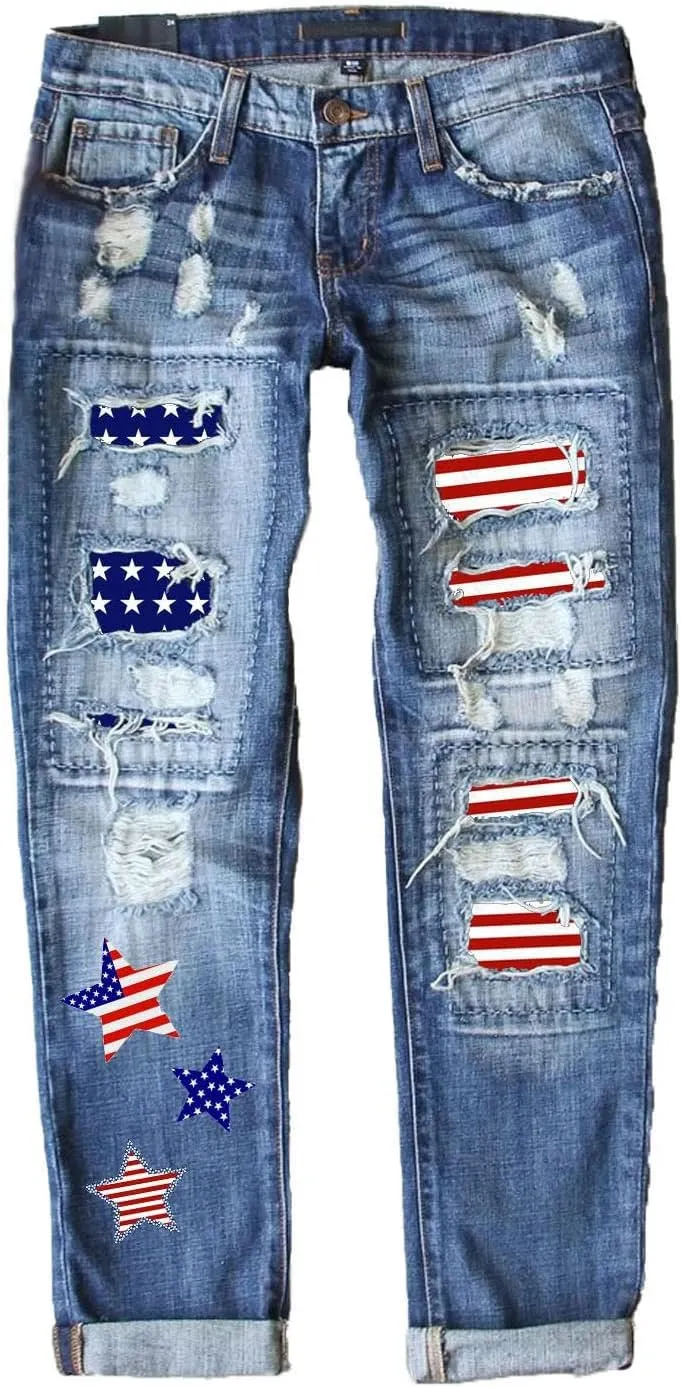 Womens Floral Patch Ripped Boyfriend Distressed Stretch Skinny Denim Jeans with Hole
