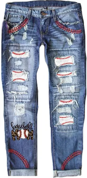 Womens Floral Patch Ripped Boyfriend Distressed Stretch Skinny Denim Jeans with Hole