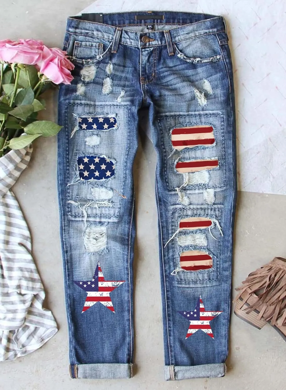 Womens Floral Patch Ripped Boyfriend Distressed Stretch Skinny Denim Jeans with Hole