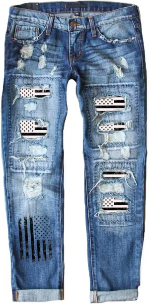 Womens Floral Patch Ripped Boyfriend Distressed Stretch Skinny Denim Jeans with Hole