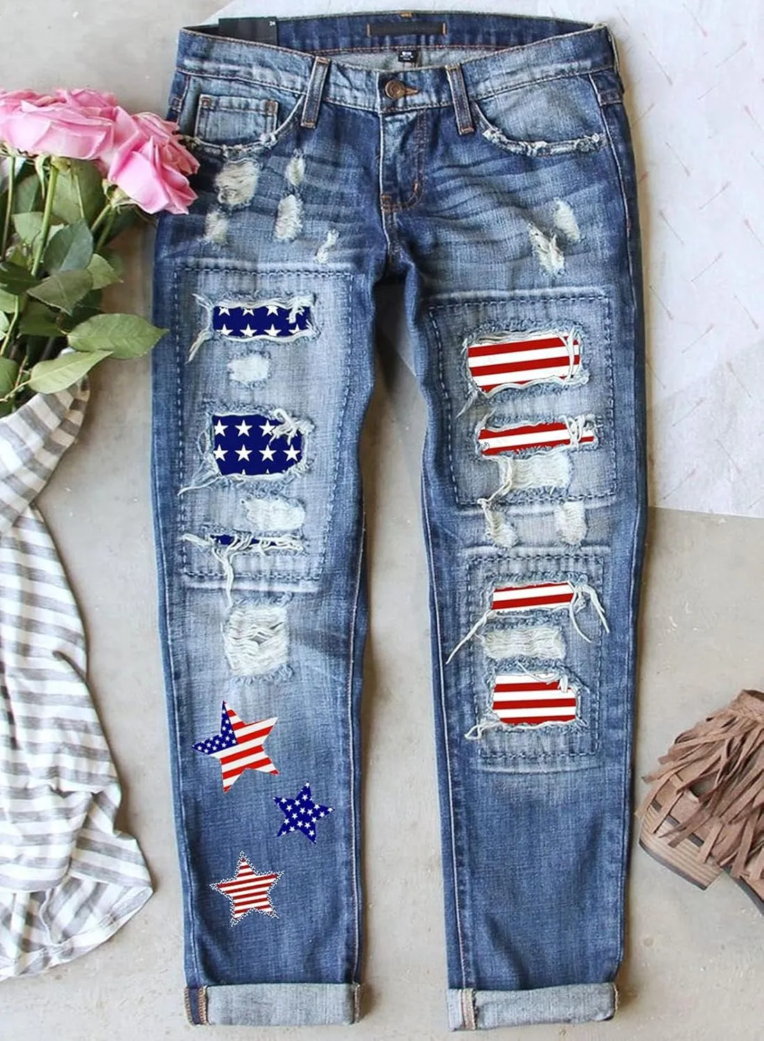 Womens Floral Patch Ripped Boyfriend Distressed Stretch Skinny Denim Jeans with Hole